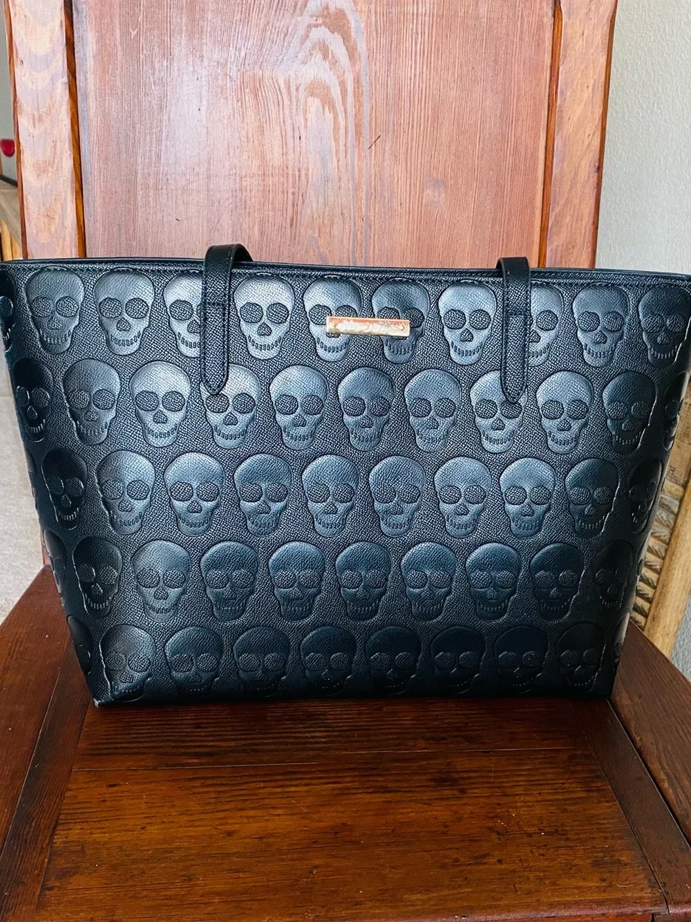 Betsey Johnson Black Embossed Skull Tote with Gold Plaque